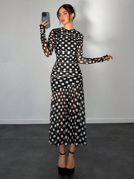 SHEIN Aloruh Autumn/Winter New Polka Dot Print Long Dress | Dress