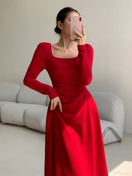 SHEIN EastFlair Spring Korean Fashion Women's Red Holiday Party Ruched |  Dress
