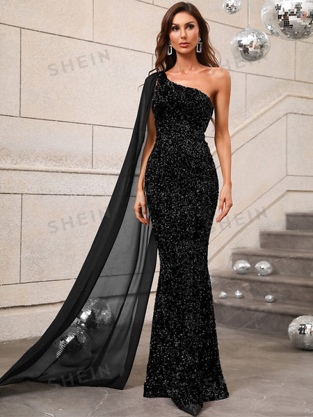 cheap prom dresses shein New SHEIN Modely Black Prom Formal Gown Split Lantern Sleeve Glitter Dress S