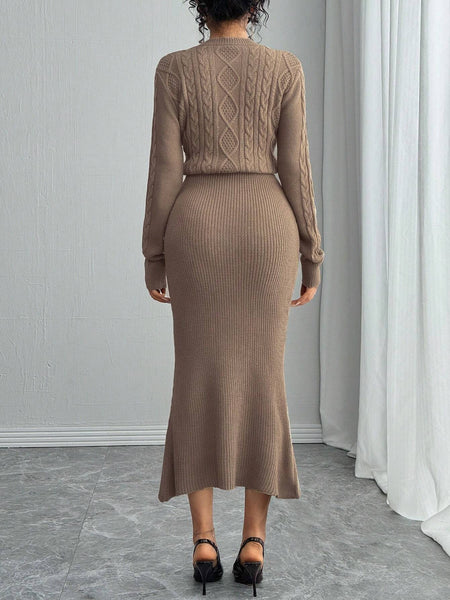 SHEIN Rafferiza Fitted Round Neck Long Sleeve Warm Cable Knit Mermaid |  Dress