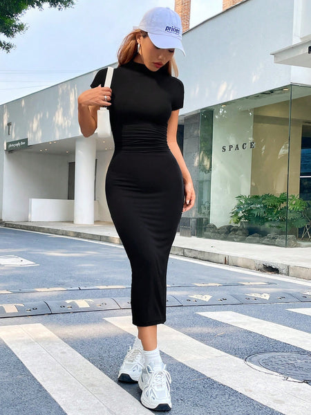 SHEIN EZwear Summer Solid Blcak Mock Neck Short Sleeves Slit Bodycon D | Dress