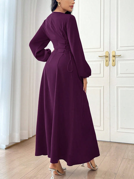 shein maxi dress with sleeves Mulvari Front Lace Up Long Sleeve Pleated All-Over Print Ca | Stretch Women Clothing Shein Maxi Dress Empire Waist