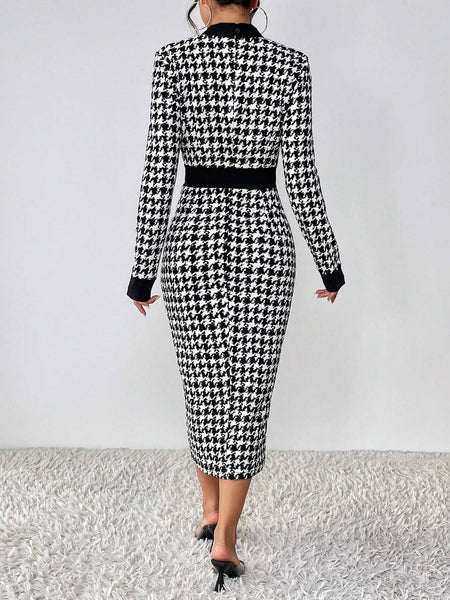 button front houndstooth bodycon dress SHEIN Privé Houndstooth Print Button Front Bodycon Dress | Dress