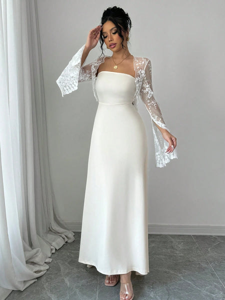 SHEIN Raffinéa 2pcs Set: Lace Embroidered Dress With Corset Waist & Lo |  Dress