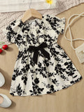 SHEIN Baby Floral Print Puff Sleeve Bow Front Dress