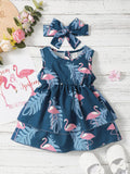 SHEIN Baby Flamingo Print Layered Hem A Line Dress With Headband
