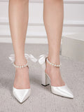  | SHEIN Faux Pearl Decor Point Toe Chunky Heeled Satin Ankle Strap Pumps | Sandal | Shein | OneHub