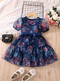 SHEIN Toddler Girls Floral Print Puff Sleeve Ruffle Hem Belted Organza Dress