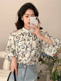 SHEIN DAZY Floral Print Button Front Lantern Sleeve Blouse