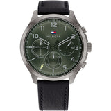 Tommy Hilfiger Asher Black Leather Strap Green Dial Chronograph Quartz Watch for Men - 1791856