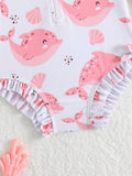 SHEIN 1pc Baby GirlLong Sleeve One-Piece Swimsuit With Zipper, Cute Bow & Floral Print