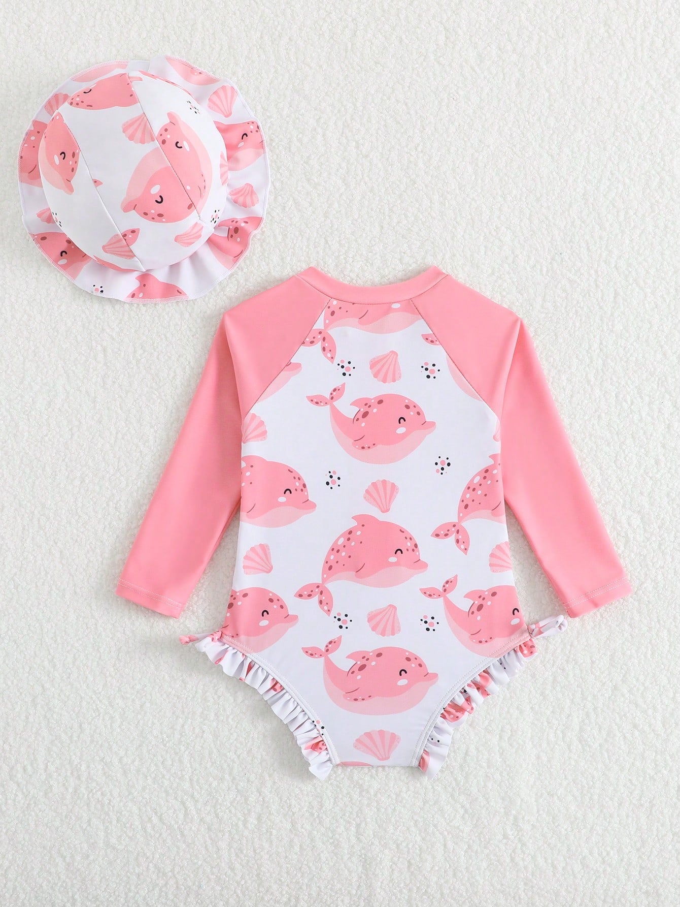 SHEIN 1pc Baby GirlLong Sleeve One-Piece Swimsuit With Zipper, Cute Bow & Floral Print