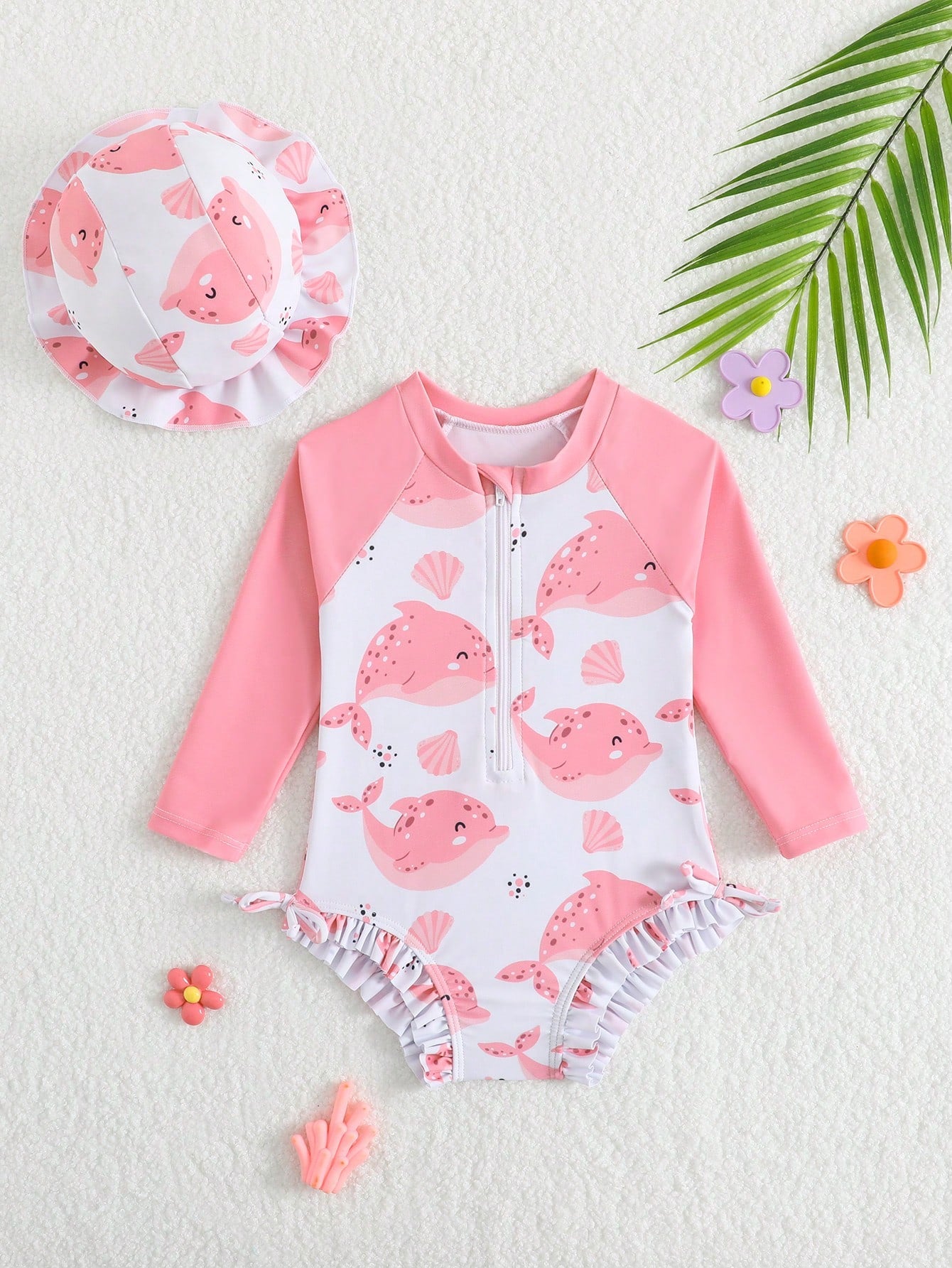 SHEIN 1pc Baby GirlLong Sleeve One-Piece Swimsuit With Zipper, Cute Bow & Floral Print