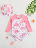 SHEIN 1pc Baby GirlLong Sleeve One-Piece Swimsuit With Zipper, Cute Bow & Floral Print