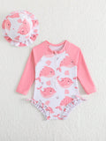 SHEIN 1pc Baby GirlLong Sleeve One-Piece Swimsuit With Zipper, Cute Bow & Floral Print