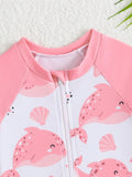 SHEIN 1pc Baby GirlLong Sleeve One-Piece Swimsuit With Zipper, Cute Bow & Floral Print