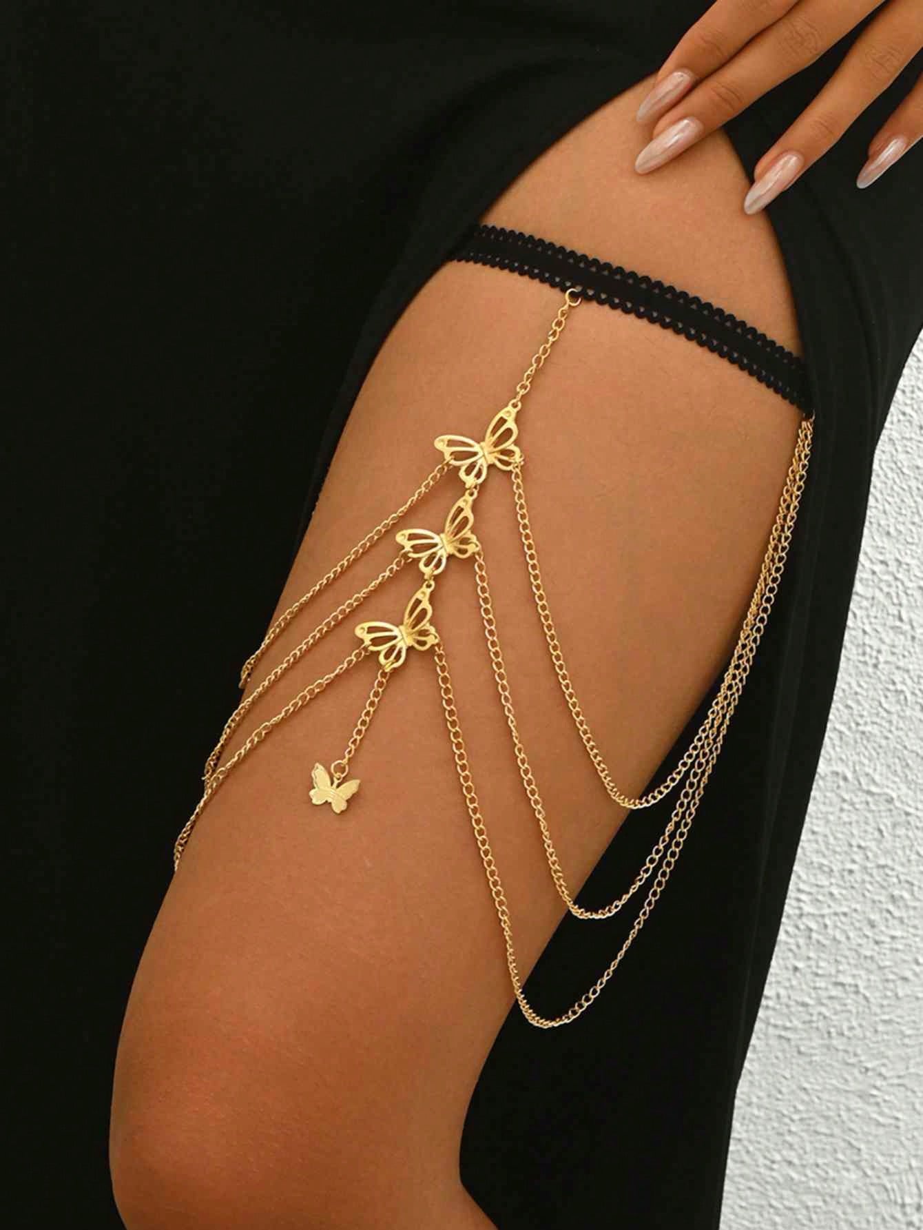 SHEIN 1pc Fashionable Sexy Crystal Tassel Multi-Layer Thigh Chain, Women's Daily, Festival, Nightclub, Party Jewelry, Summer Beach Accessory (Please Check The Size Chart Before Purchasing)