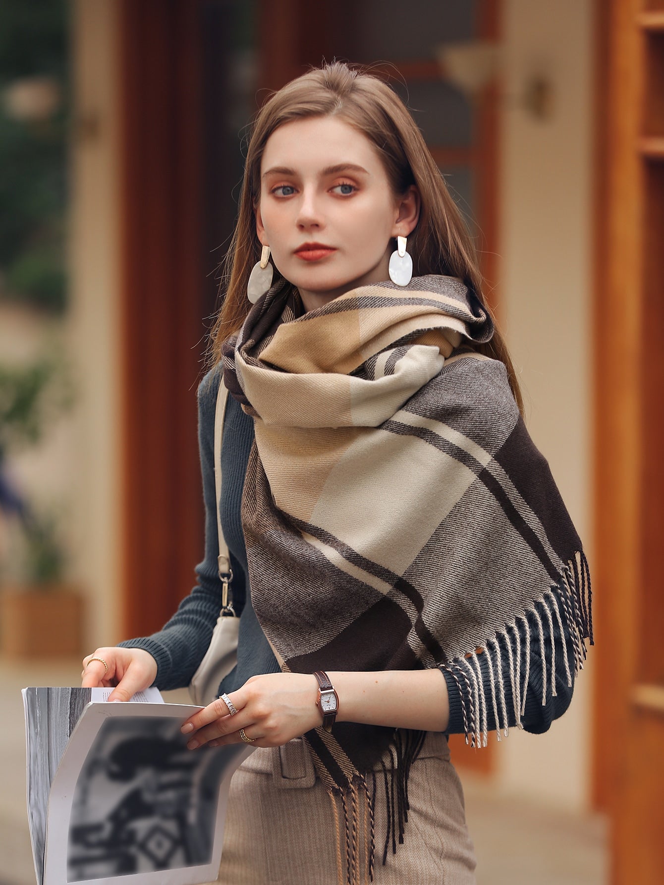 | SHEIN 1pc Women's Multicolor Plaid Tassel Design Faux Cashmere Warm Fashion Poncho Scarf, Plus Size Suitable For Daily Use | Bandana | Shein | OneHub