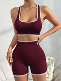 SHEIN 2 Pieces Women Casual Contrast Color Trim Minimalist Top And Pants Set Gym Set For Chinese New Year Workout Women Set Women Leggings Set