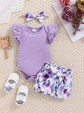  | SHEIN 2pcs/Set Baby Girl Spring Purple Ruffled Trim Romper, Bowknot Headband And Purple Floral Printed Shorts | dress | Shein | OneHub