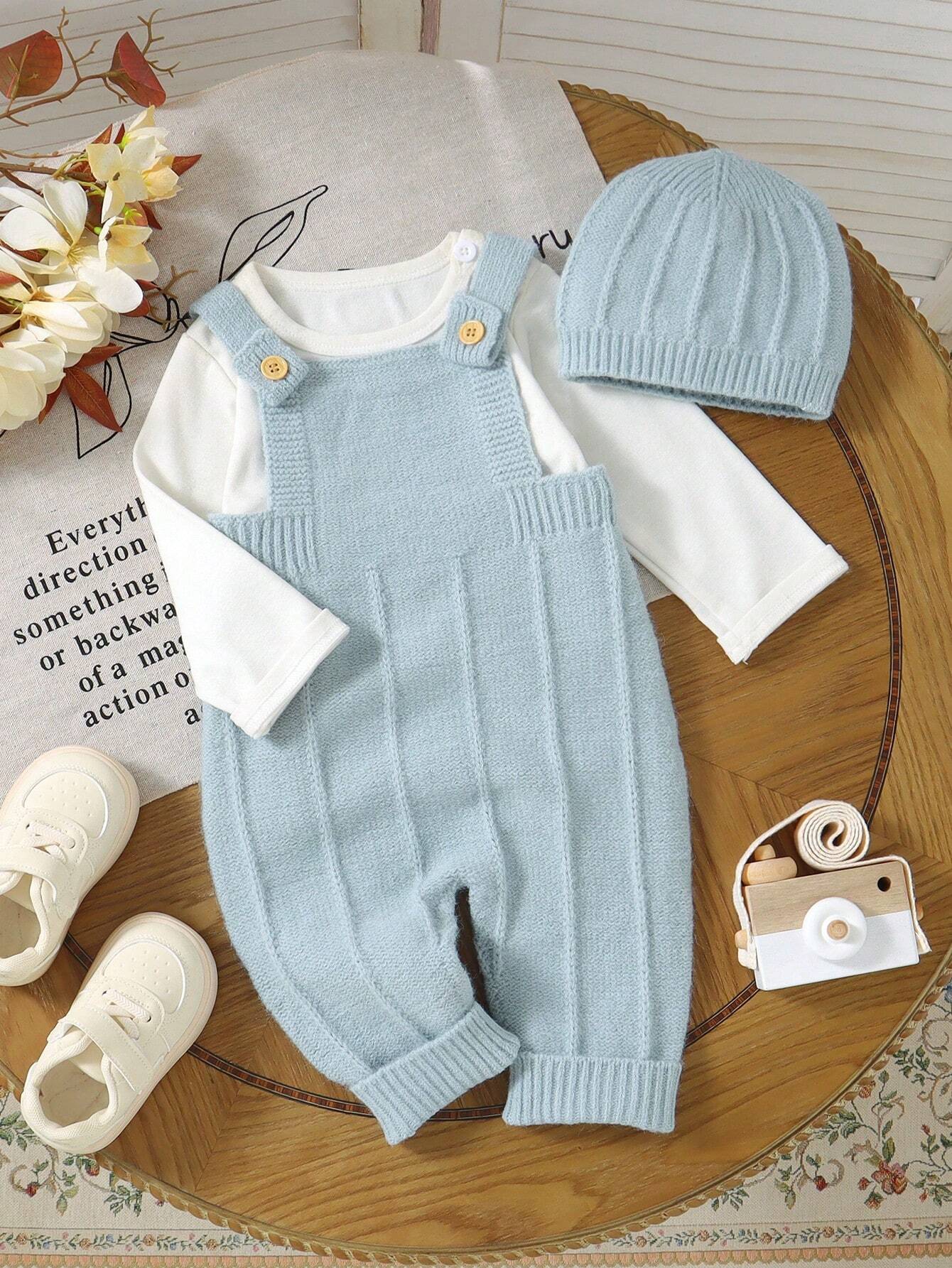  | SHEIN 2pcs/Set Infant Fashionable Knitted Romper & Overalls Lightweight & Soft One-Piece Seamless Jumpsuit With Detachable Hat, Casual And Comfortable | Dress | Shein | OneHub