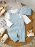 SHEIN 2pcs/Set Infant Fashionable Knitted Romper & Overalls Lightweight & Soft One-Piece Seamless Jumpsuit With Detachable Hat, Casual And Comfortable