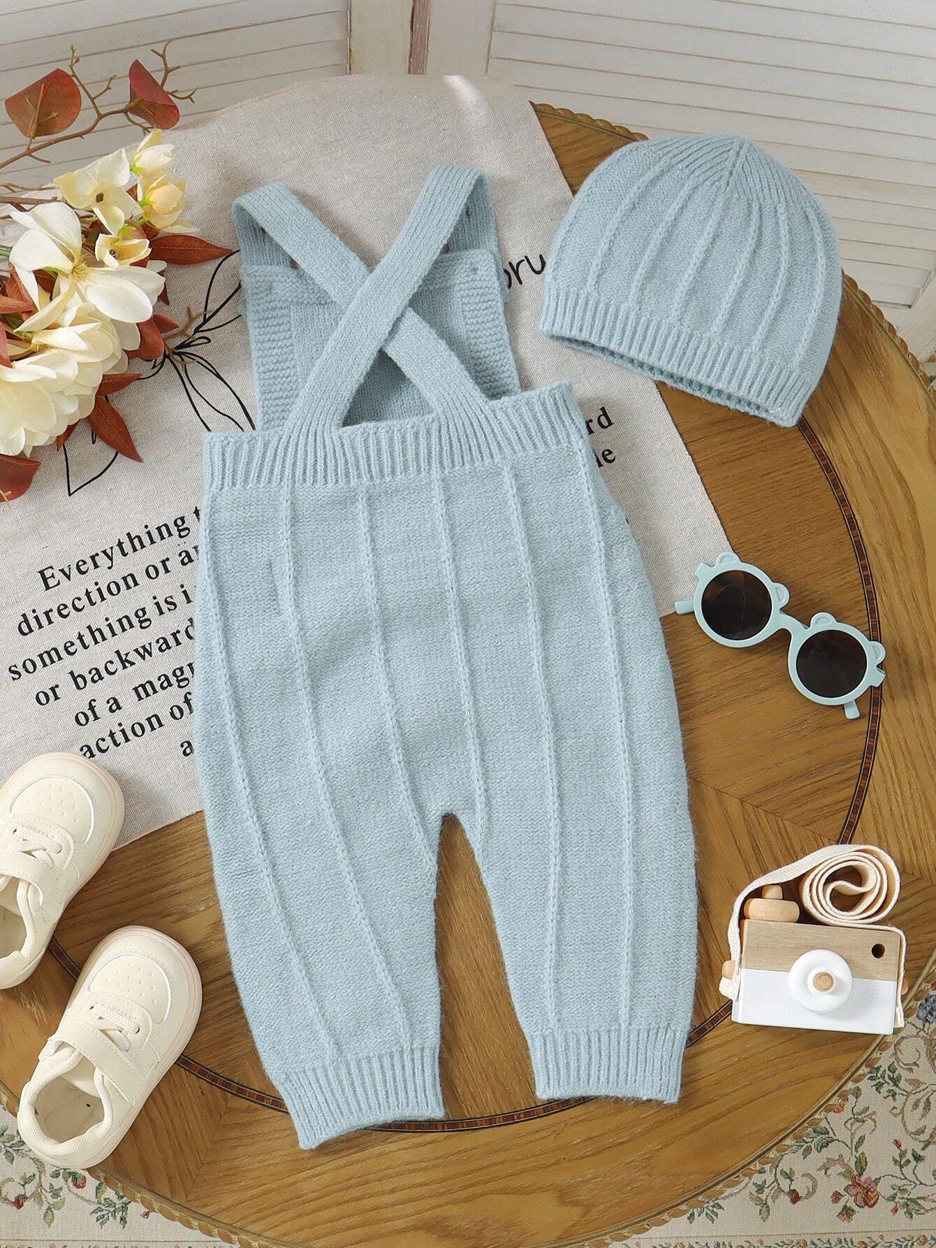  | SHEIN 2pcs/Set Infant Fashionable Knitted Romper & Overalls Lightweight & Soft One-Piece Seamless Jumpsuit With Detachable Hat, Casual And Comfortable | Dress | Shein | OneHub