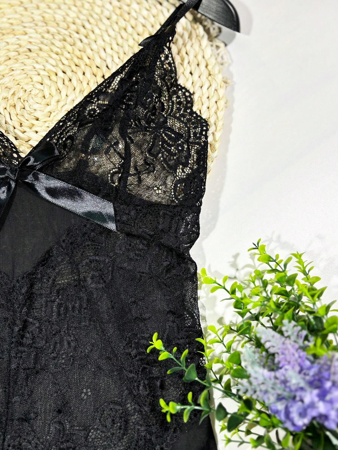  | SHEIN 2pcs/Set Lace Mesh Panel Bow Tie Thong & Slip Dress Set, Sexy Lingerie Gift For Halloween | Lingerie | Shein | OneHub