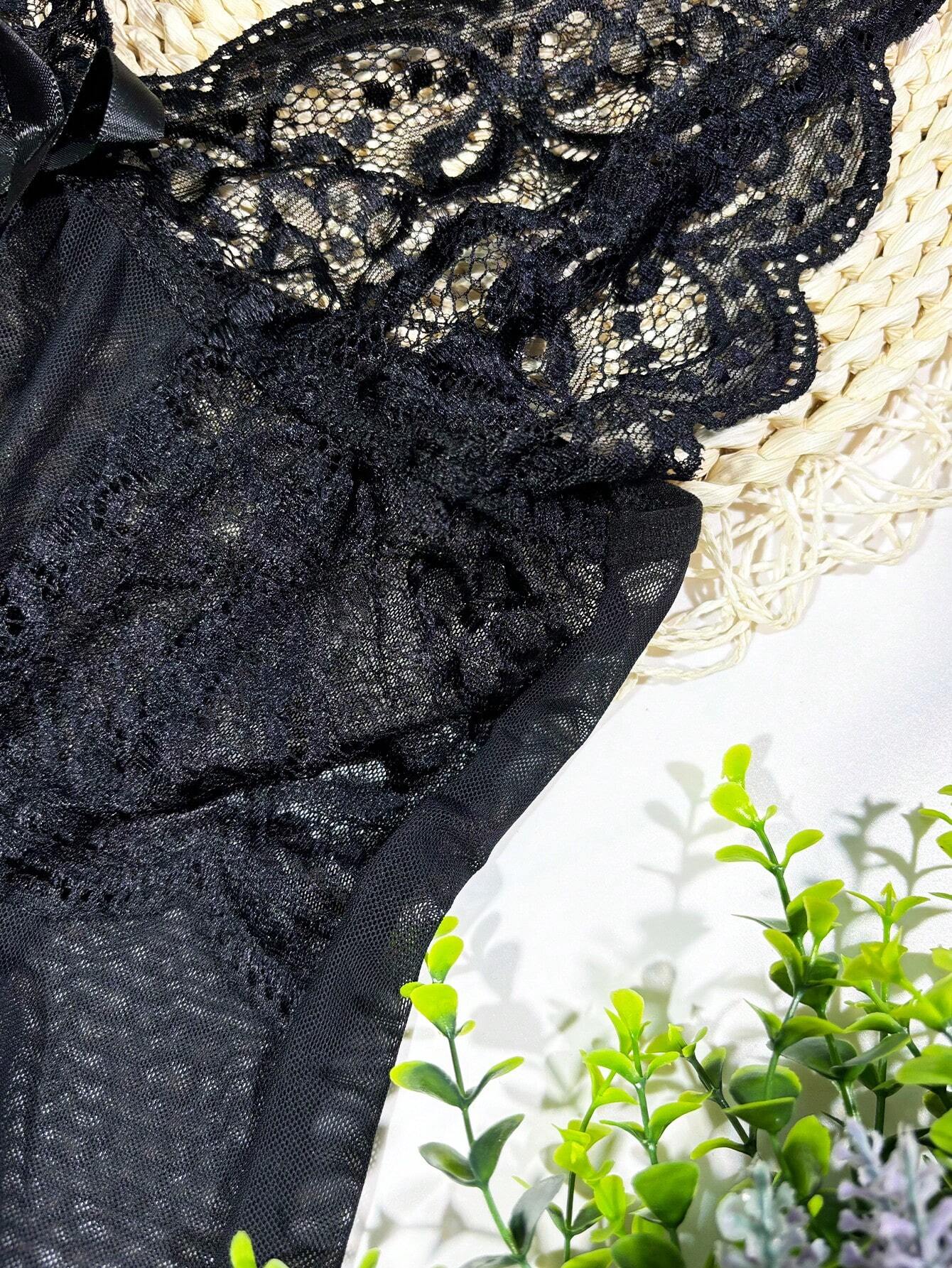  | SHEIN 2pcs/Set Lace Mesh Panel Bow Tie Thong & Slip Dress Set, Sexy Lingerie Gift For Halloween | Lingerie | Shein | OneHub