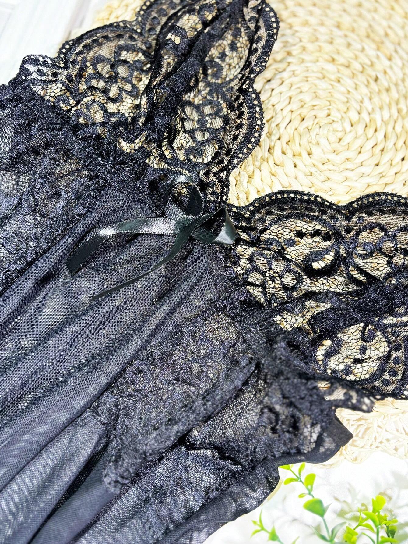  | SHEIN 2pcs/Set Lace Mesh Panel Bow Tie Thong & Slip Dress Set, Sexy Lingerie Gift For Halloween | Lingerie | Shein | OneHub