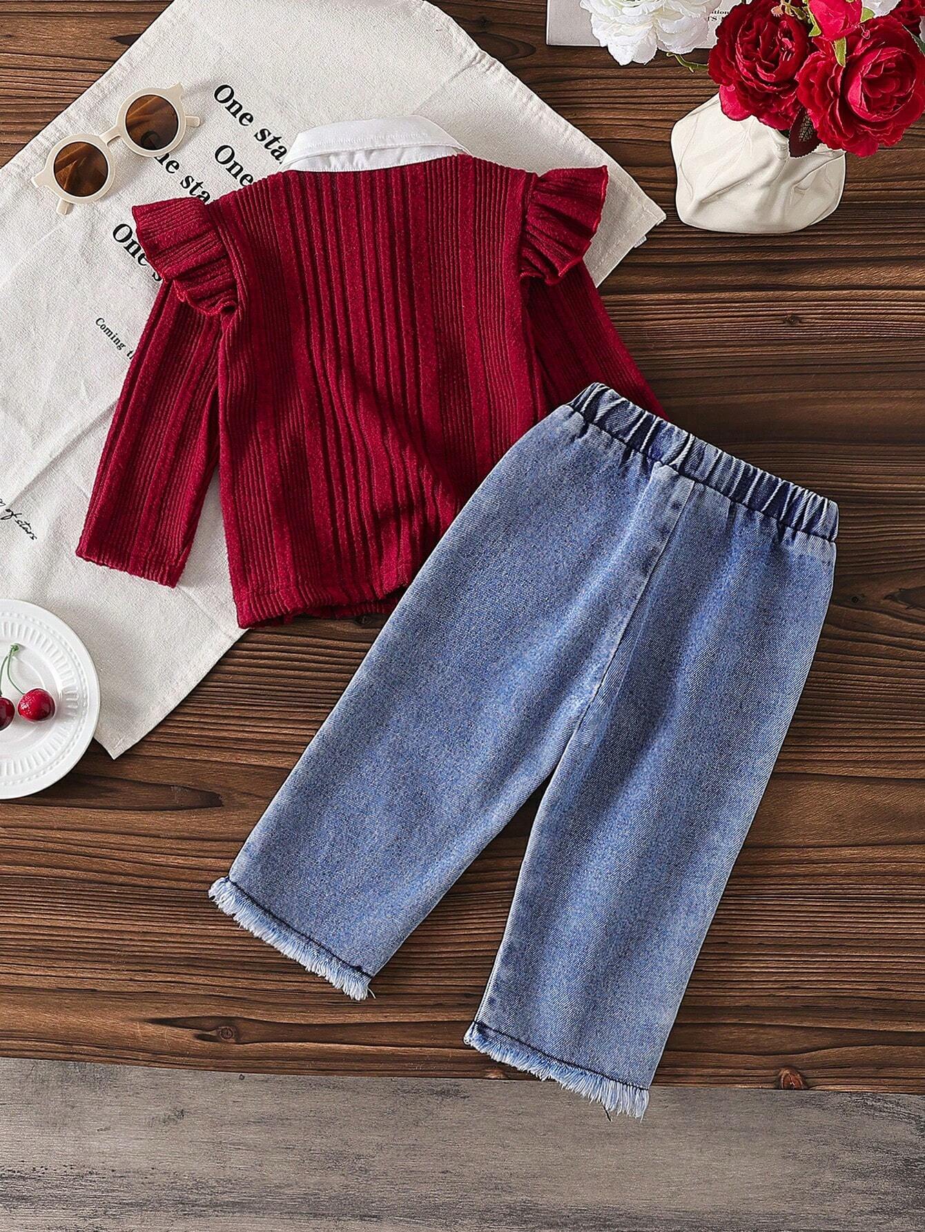  | 2pcs Baby Girls 2 In 1 Outfit, Including White Blouse With Red Waffle Textured Top And Denim Jeans With Strawberry Embroidery And Fringe Hem | Dress | Shein | OneHub
