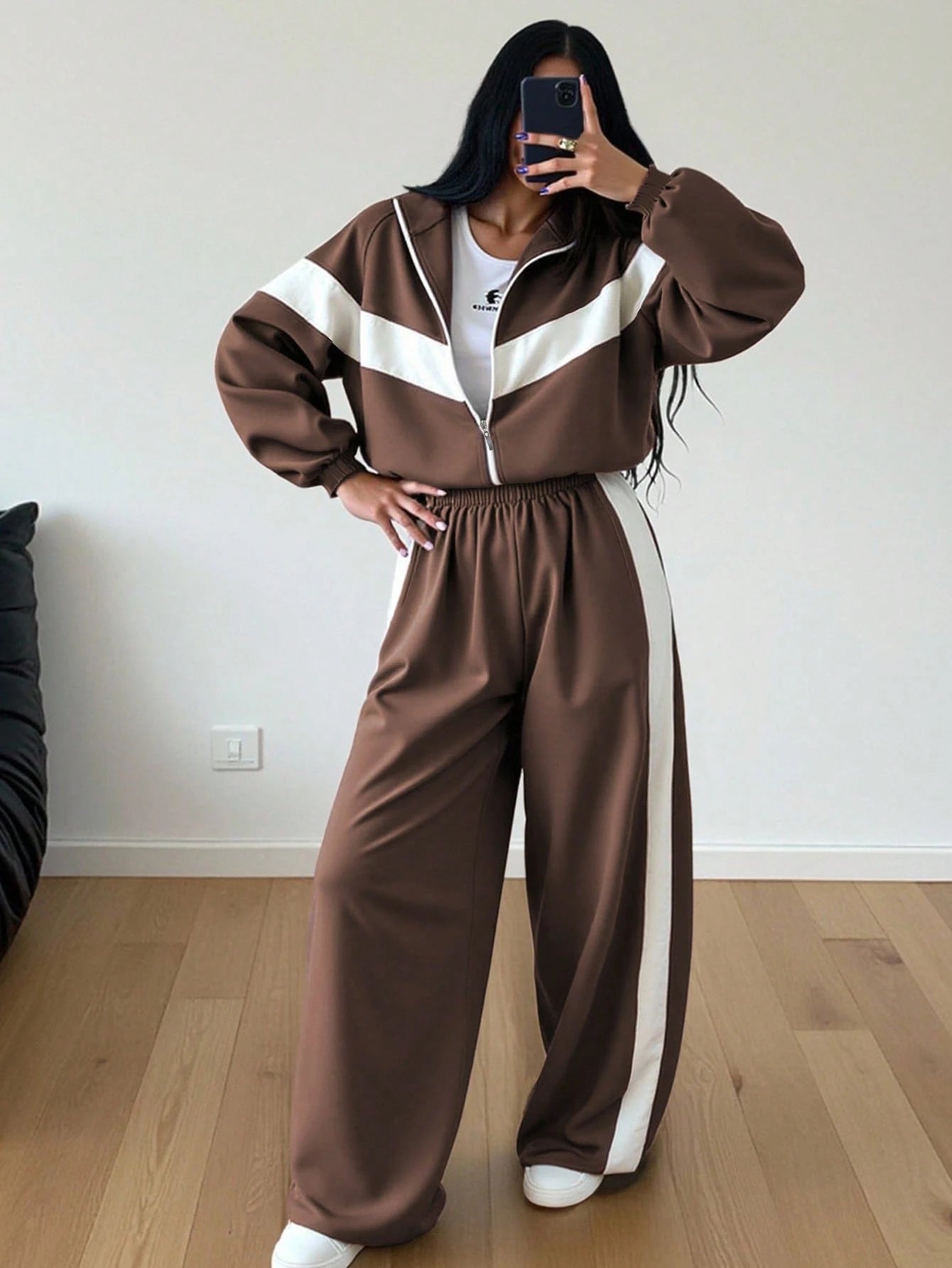 SHEIN 2pcs Color Block Patchwork Casual Elegant Zip-Up Sweatshirt Set Brown