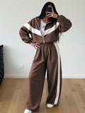 SHEIN 2pcs Color Block Patchwork Casual Elegant Zip-Up Sweatshirt Set Brown