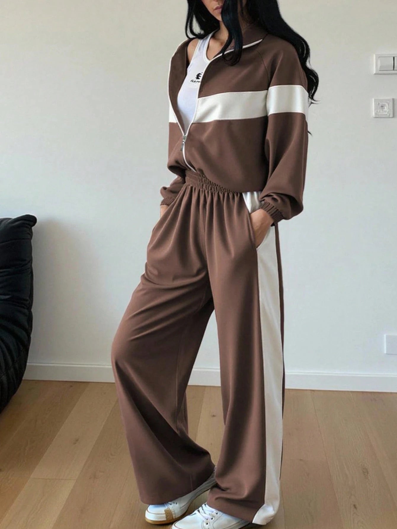 SHEIN 2pcs Color Block Patchwork Casual Elegant Zip-Up Sweatshirt Set Brown