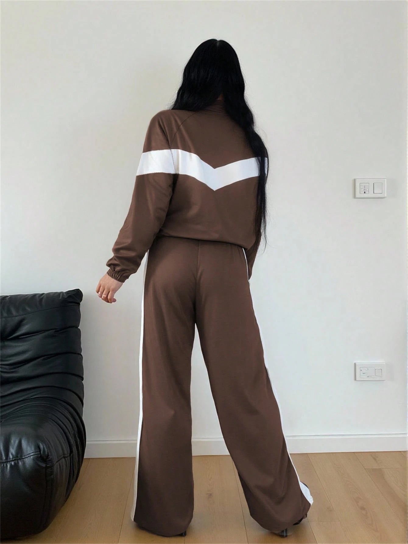 SHEIN 2pcs Color Block Patchwork Casual Elegant Zip-Up Sweatshirt Set Brown