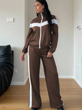 SHEIN 2pcs Color Block Patchwork Casual Elegant Zip-Up Sweatshirt Set Brown