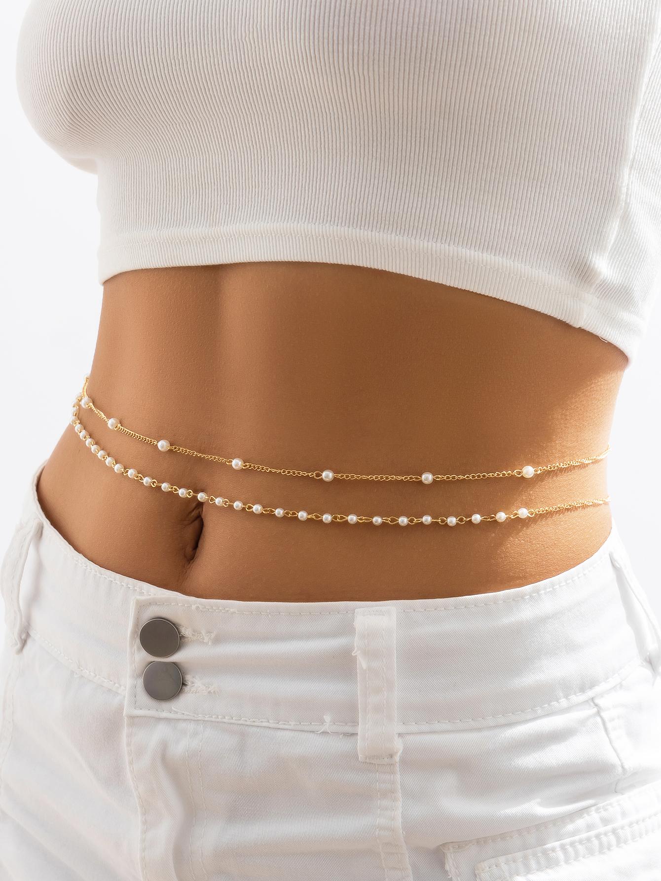 SHEIN 2pcs/Set Fashion Faux Pearl Decor Waist Chain For Women For Daily Decoration