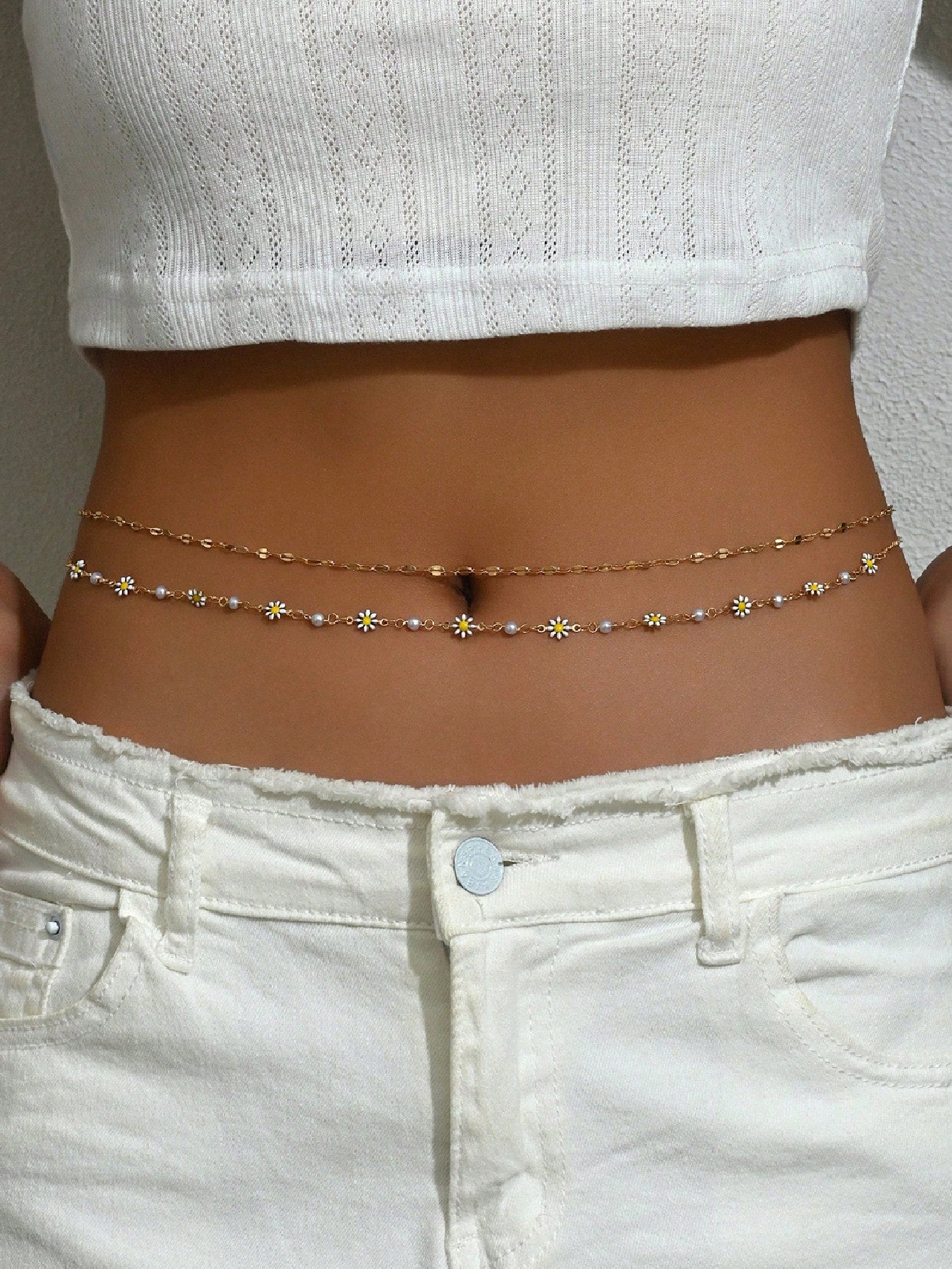 SHEIN 2pcs/Set Women's Fashion Elegant Minimalist Daisy Waist Chain, Sexy Sweet Multi-Layer Waist Chain Suitable For Daily Wear, Beach Party, Vacation