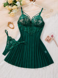 SHEIN 2pcs Women's Soft & Comfortable Lace Floral Heart Sleepwear, Christmas & Halloween Gift, Lace Sexy Nightgown With Sheer Mesh Lingerie Set, Spaghetti Strap Dress, Suitable For Daily Wear & Sleeping