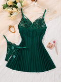 SHEIN 2pcs Women's Soft & Comfortable Lace Floral Heart Sleepwear, Christmas & Halloween Gift, Lace Sexy Nightgown With Sheer Mesh Lingerie Set, Spaghetti Strap Dress, Suitable For Daily Wear & Sleeping