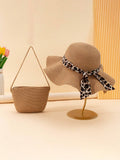 SHEIN 2pcs Women's Khaki Colored Beach Set Including Wavy Bowknot Sun Hat And Crossbody Woven Bag, Suitable For Holiday Travel