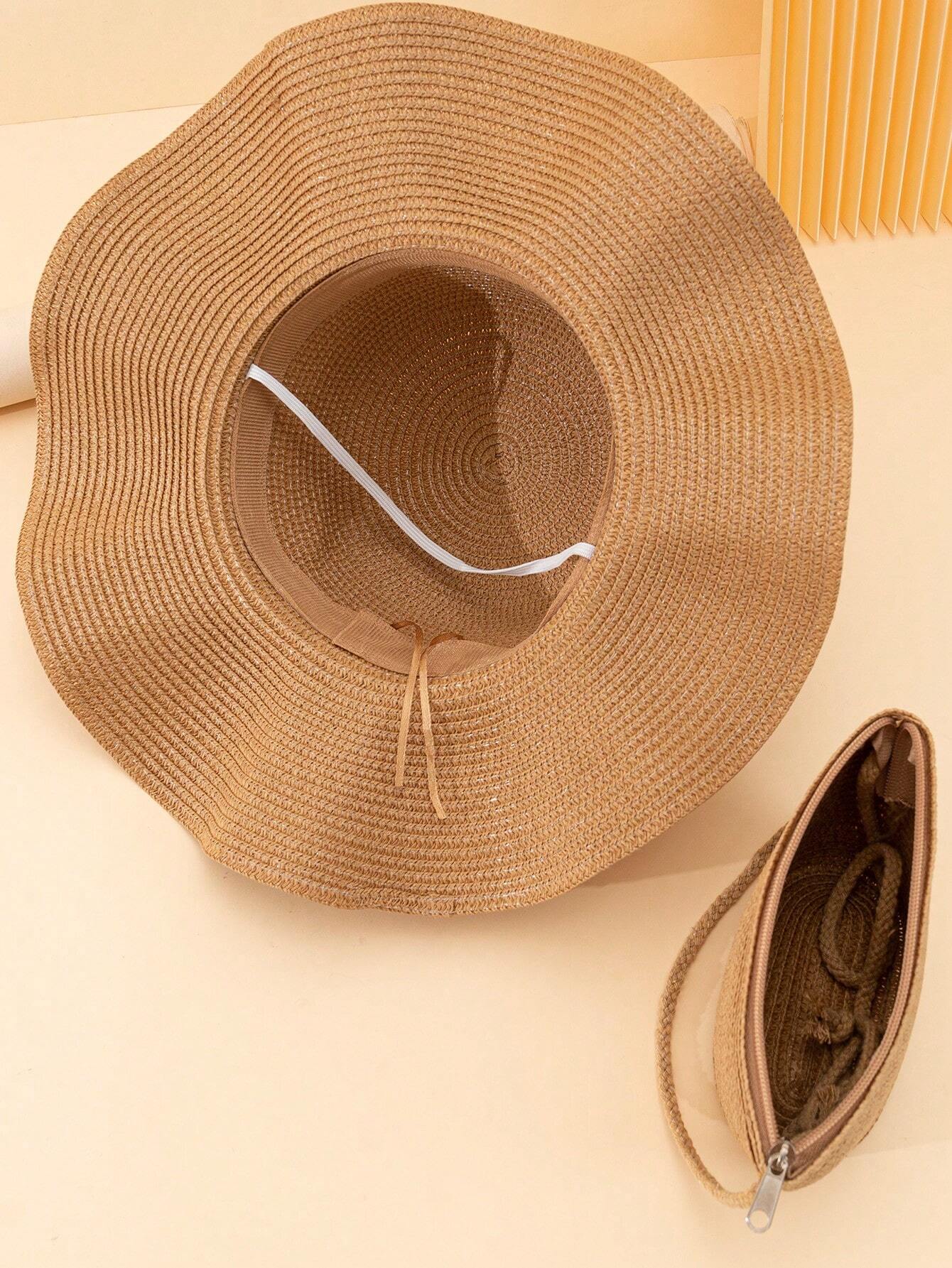  | SHEIN 2pcs Women's Khaki Colored Beach Set Including Wavy Bowknot Sun Hat And Crossbody Woven Bag, Suitable For Holiday Travel | Cap | Shein | OneHub