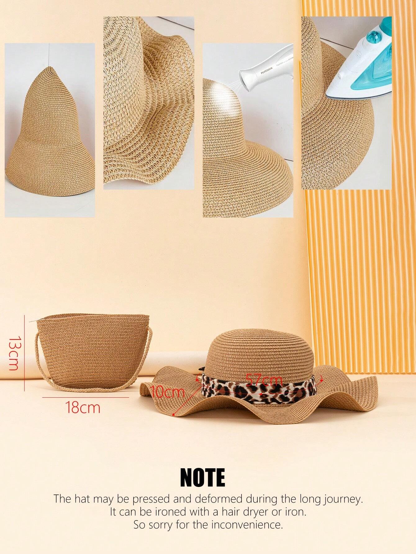  | SHEIN 2pcs Women's Khaki Colored Beach Set Including Wavy Bowknot Sun Hat And Crossbody Woven Bag, Suitable For Holiday Travel | Cap | Shein | OneHub