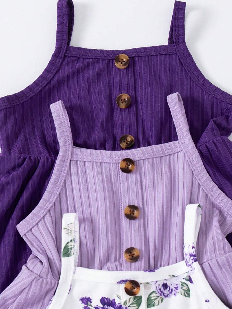  | SHEIN 3pcs Baby Girls Floral Print Solid Ribbed Button Camisole Dress Set | Dress | Shein | OneHub