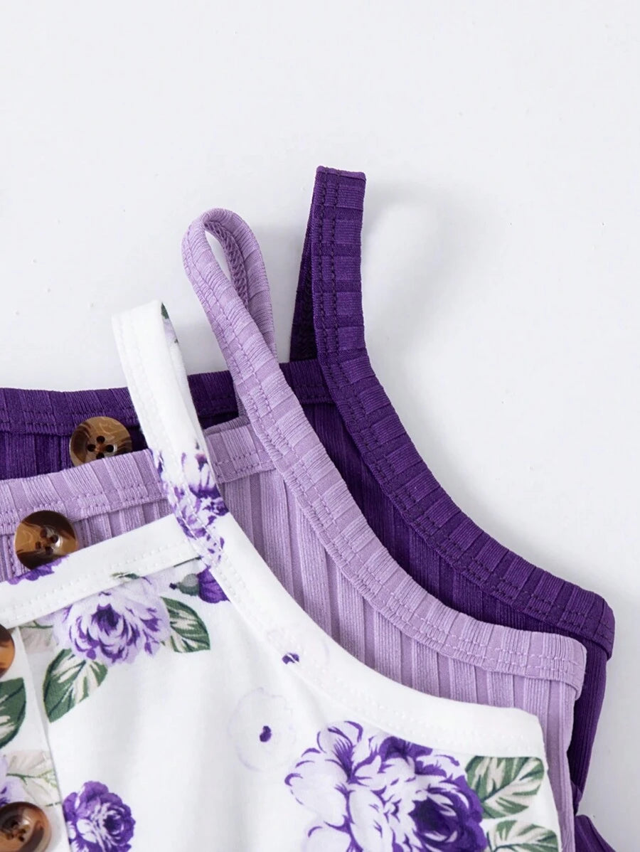  | SHEIN 3pcs Baby Girls Floral Print Solid Ribbed Button Camisole Dress Set | Dress | Shein | OneHub