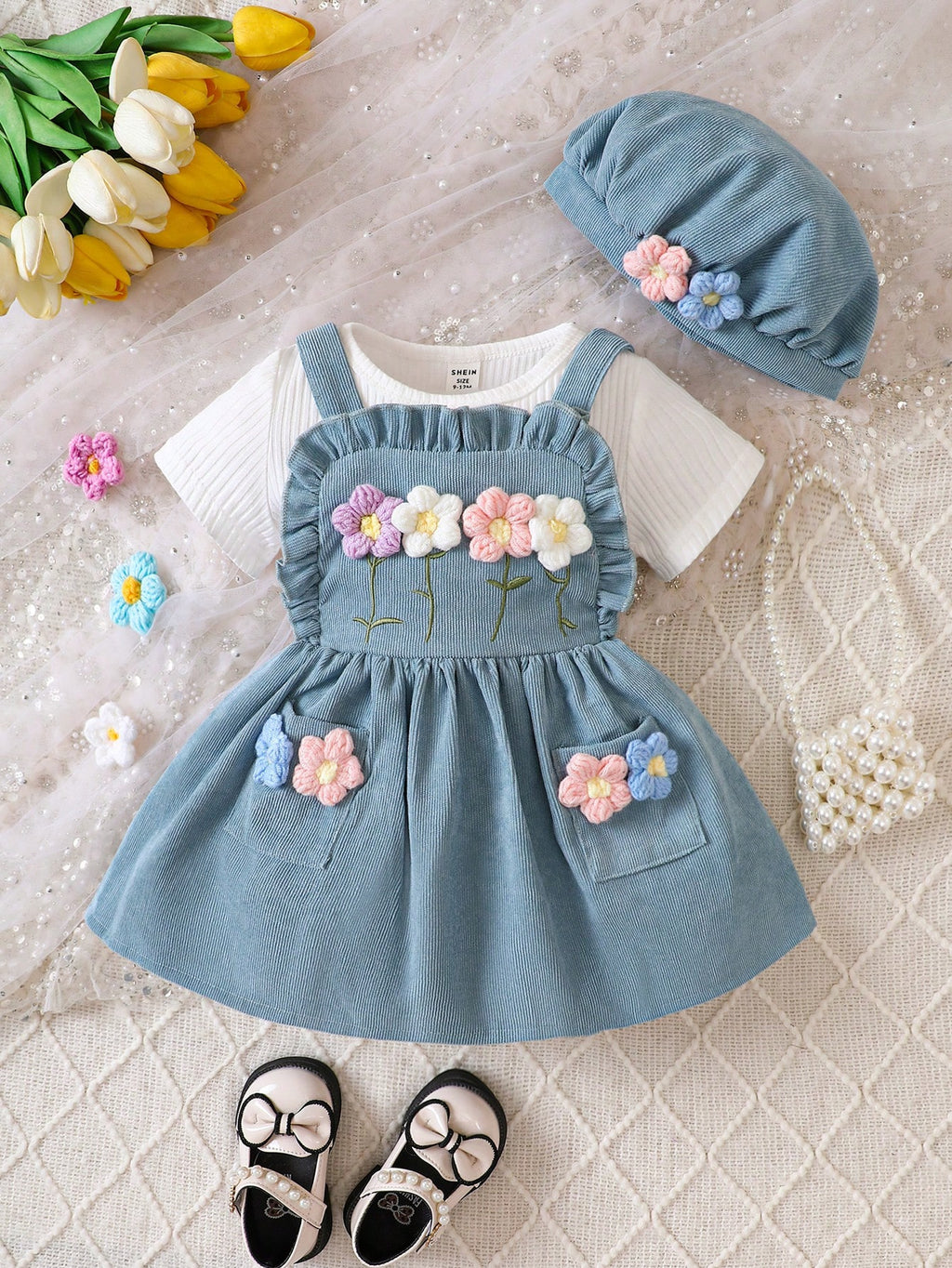 shein cotton dresses SHEIN 3pcs Baby Girls' Solid Ribbed Texture Short Sleeve T-shirt And C |  Dress