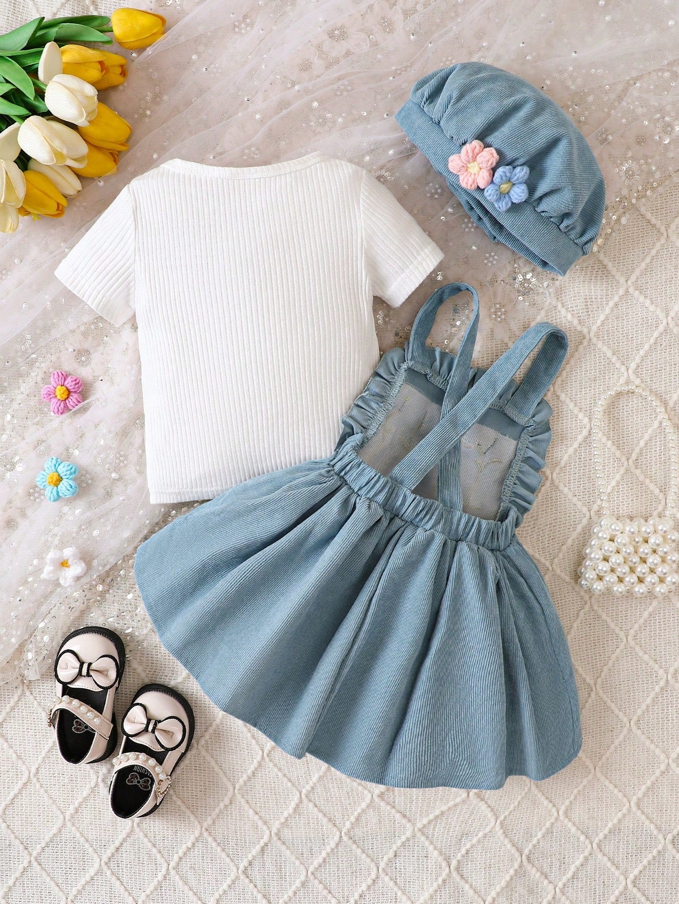SHEIN 3pcs Baby Girls' Solid Ribbed Texture Short Sleeve T-shirt And C | Dress SHEIN 3pcs Baby Girls' Solid Ribbed Texture Short Sleeve T-shirt And C | Dress