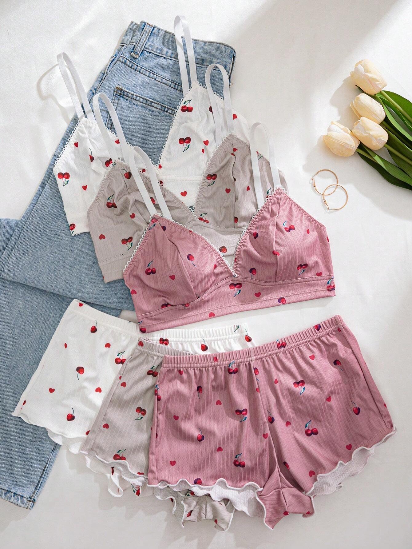 SHEIN 3pcs/Set Women Cherry Printed Ruffled Trim Lingerie Bra And Panties Set
