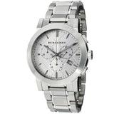 A Close up Front side view Burberry The City Silver Stainless Steel Silver Dial Chronograph Quartz Watch for Men with White Background