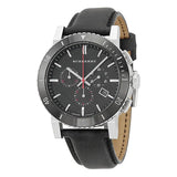 A Frontside of Burberry Black Leather Strap Black Dial Chronograph Quartz Watch for Men with white background